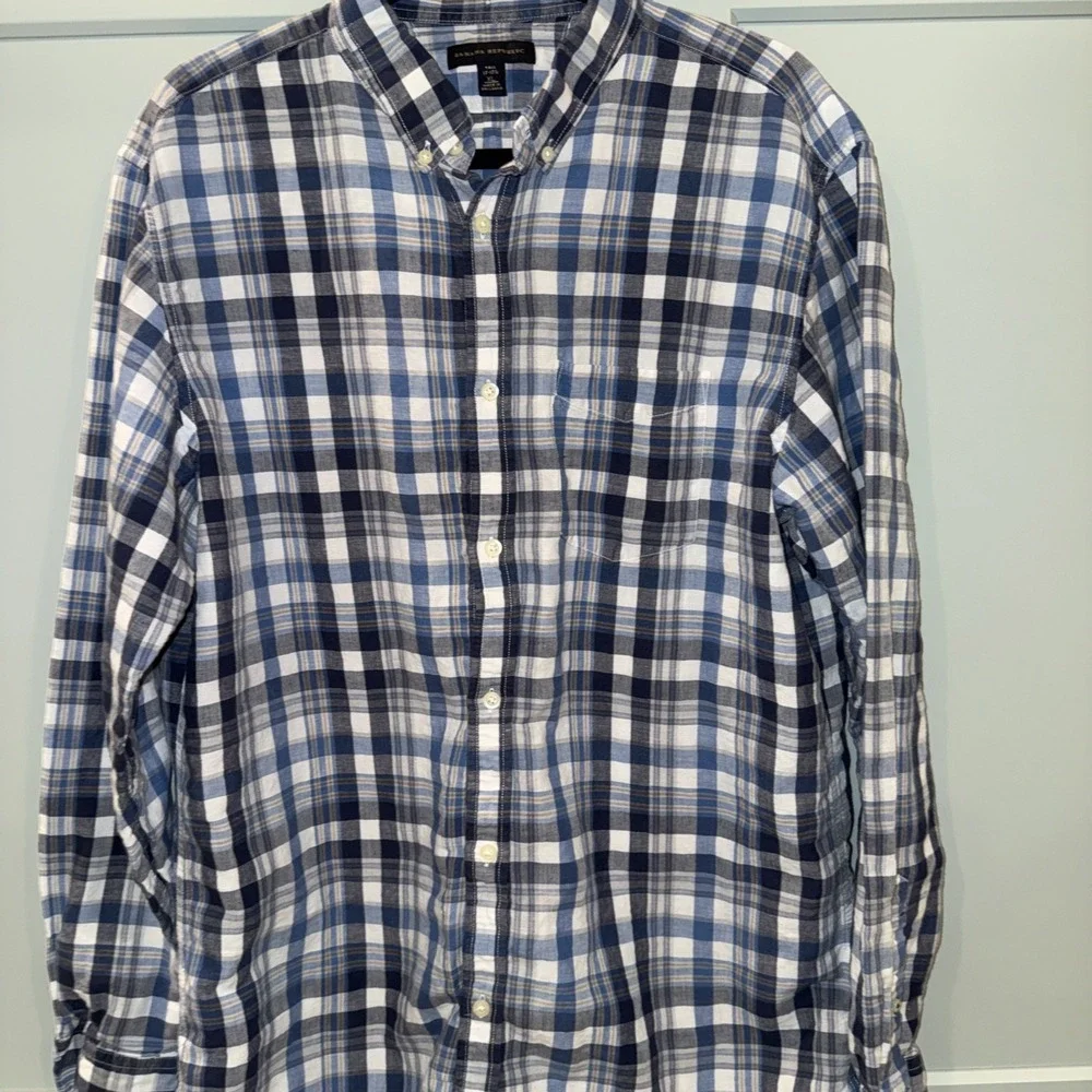Banana Republic Shirt Men XL Tall Blue Cream Plaid Check Linen Blend Button Down